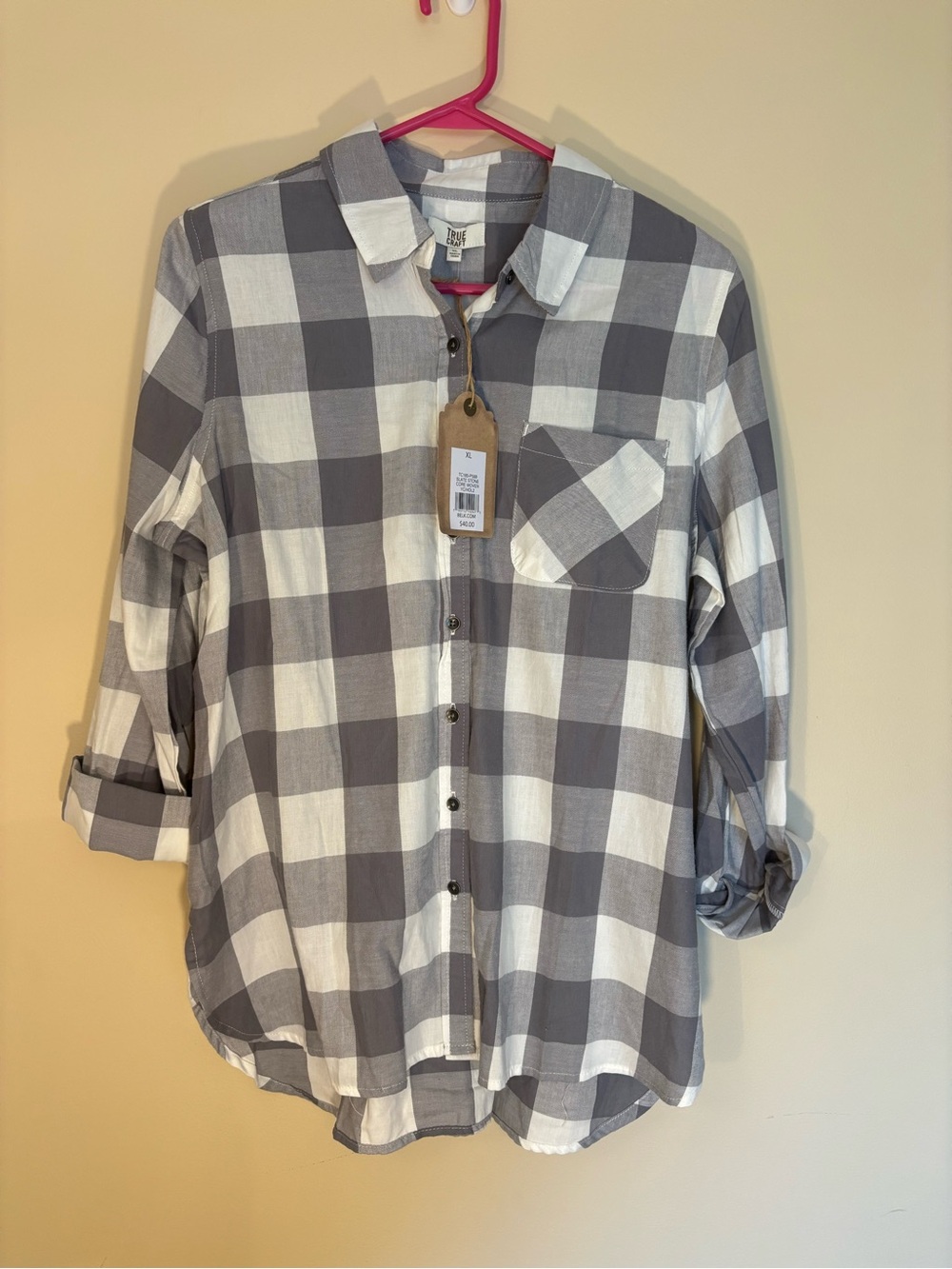 True Craft Gray and White Plaid Button-Down Shirt